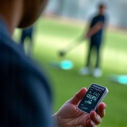 A golfer using a swing speed tracker device on the range.